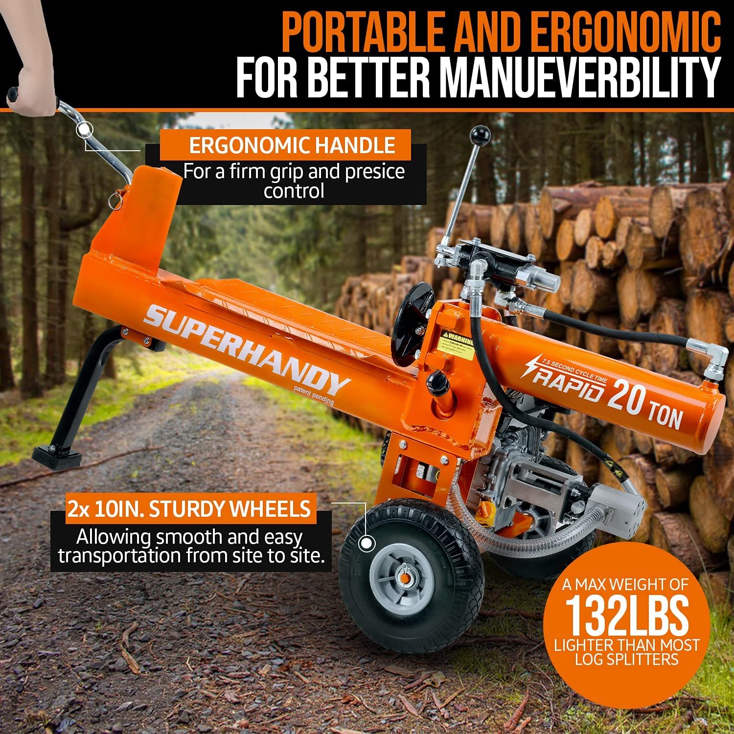 Super Handy GCAO023 Log Splitter 20-Ton Horizontal Portable Gas 7HP Engine New Canada Only - Image 5