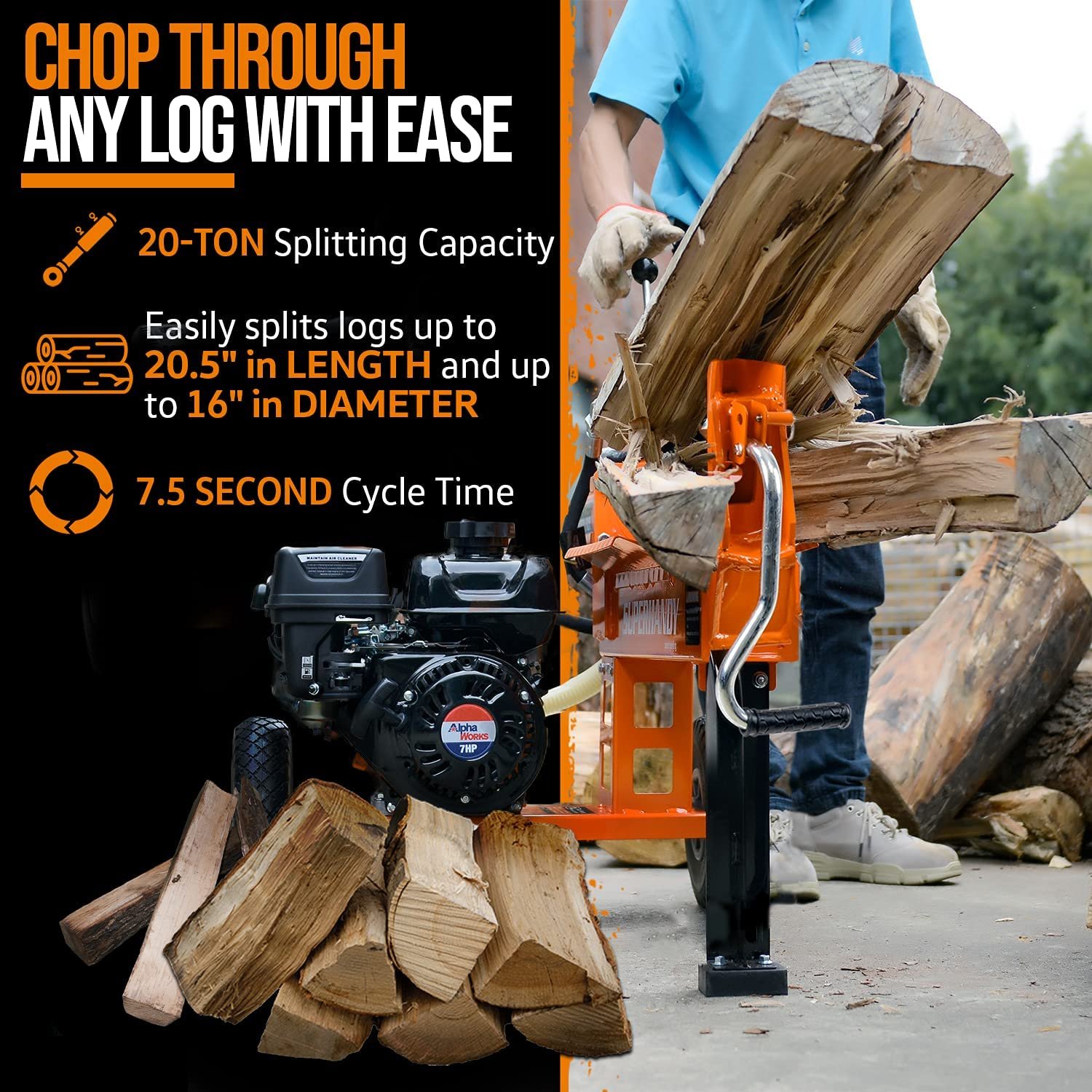 Super Handy GCAO023 Log Splitter 20-Ton Horizontal Portable Gas 7HP Engine New Canada Only - Image 2