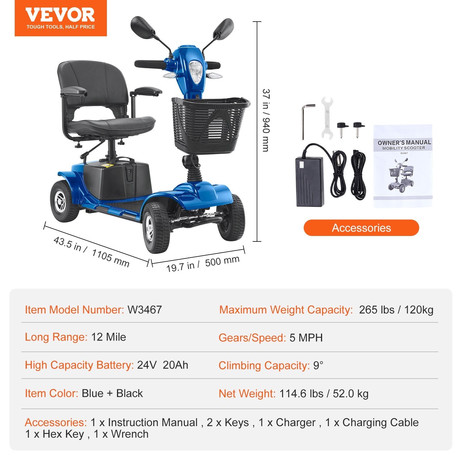 Vevor Mobility Scooter 4 Wheel Folding Heavy Duty 265 lbs. Capacity 24V 5 MPH 12 Mile Range New - Image 10
