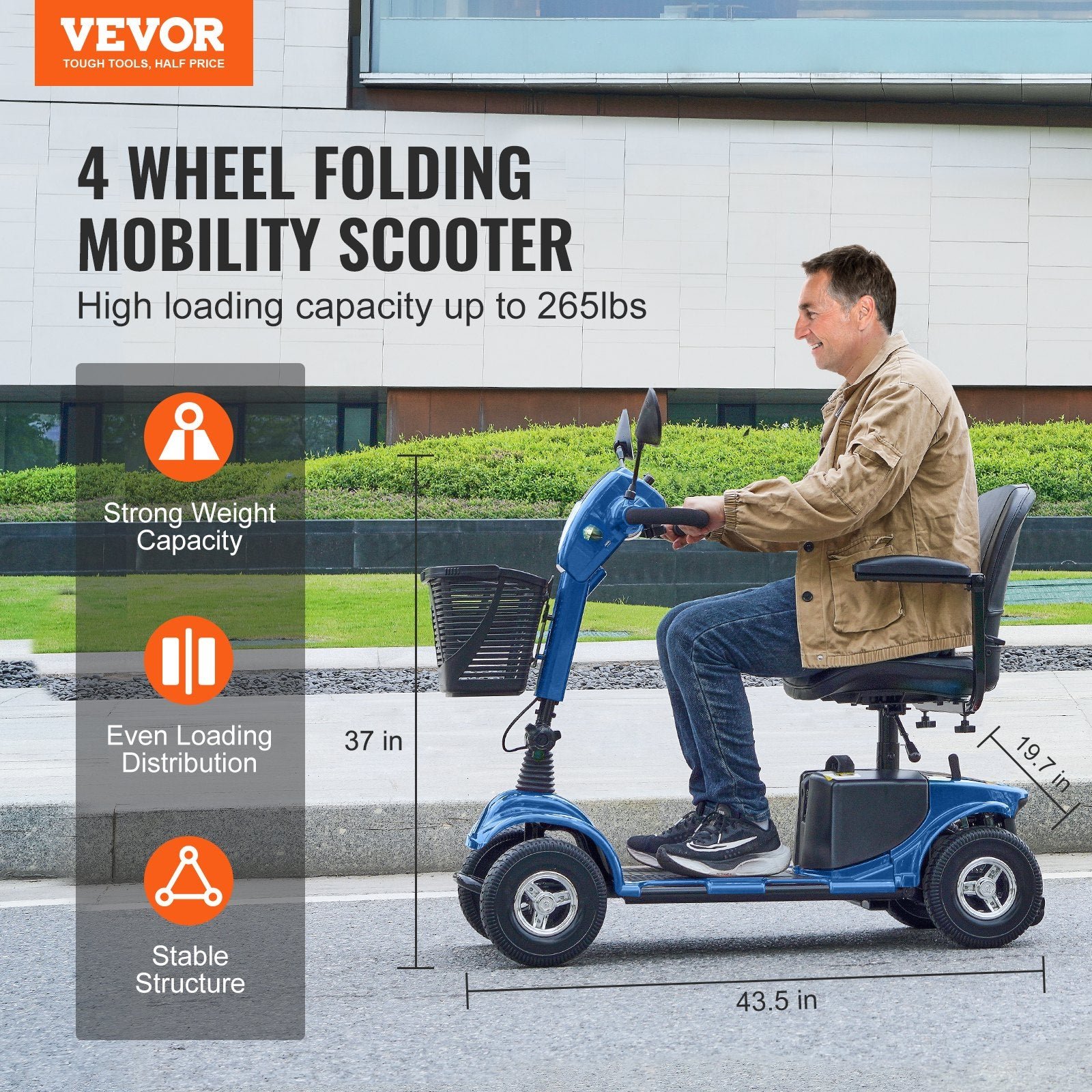 Vevor Mobility Scooter 4 Wheel Folding Heavy Duty 265 lbs. Capacity 24V 5 MPH 12 Mile Range New - Image 4