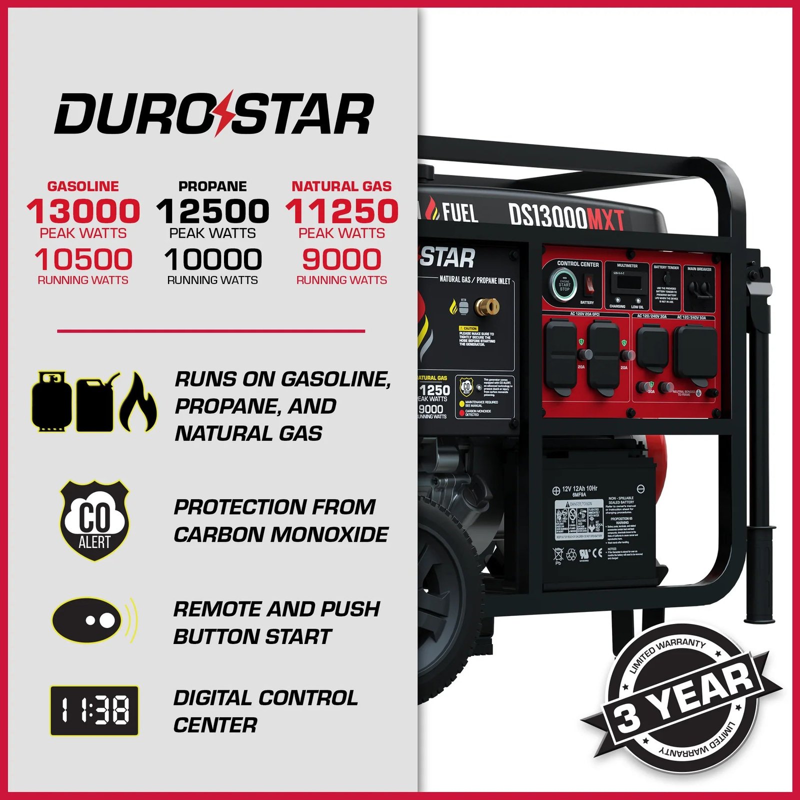 DuroStar DS13000MXT 10500W/13000W Generator Tri Fuel Gas Propane Natural Gas 50 Amp CO Alert Remote Start New - Image 3