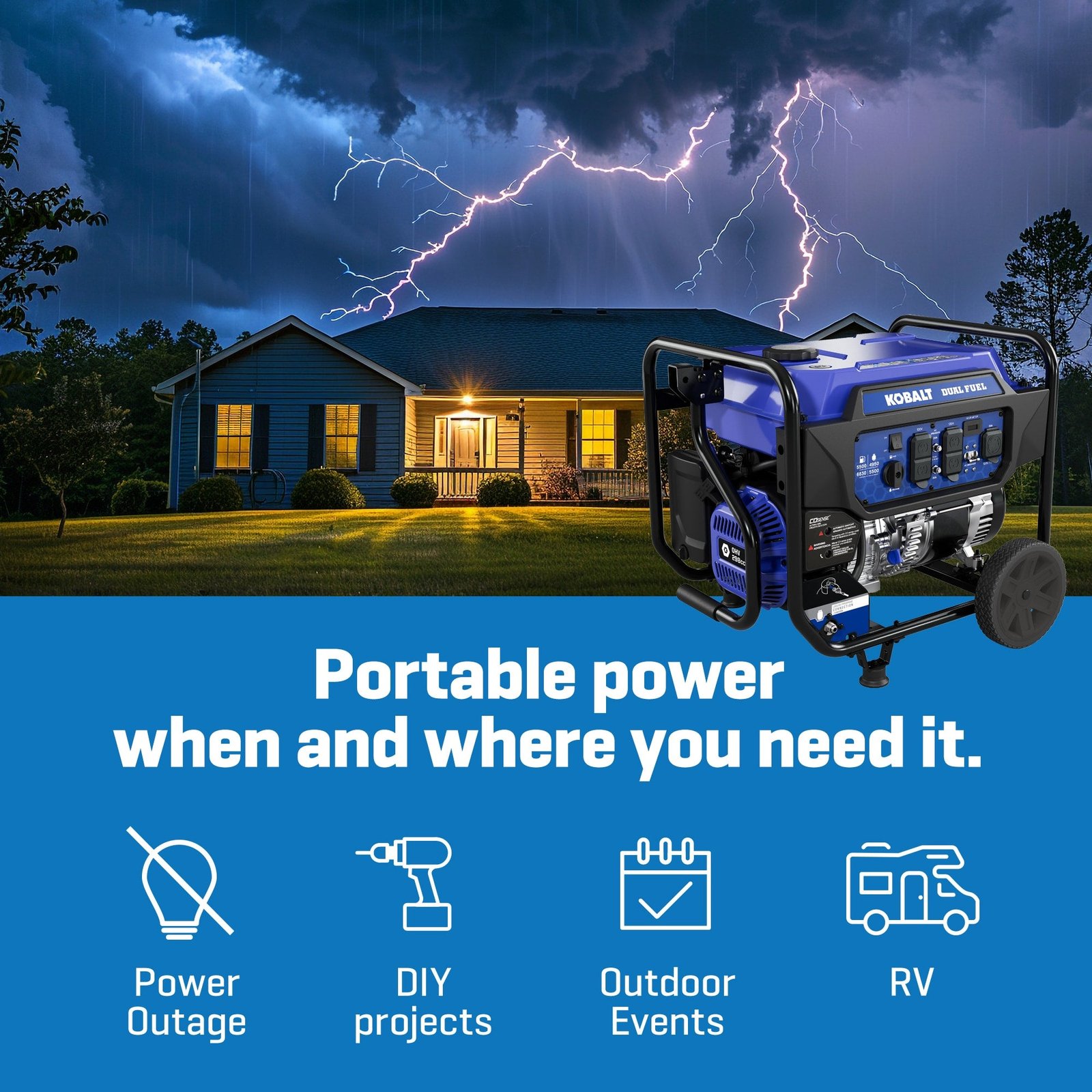 Kobalt KPG0100 5500W/6830W Generator Dual Fuel Gas Propane with CO Sense Manufacturer RFB - Image 2