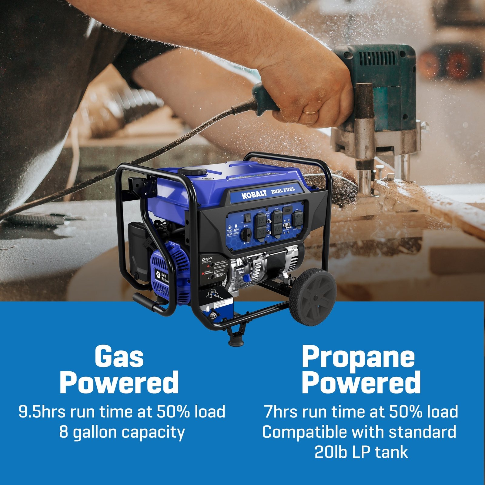 Kobalt KPG0100 5500W/6830W Generator Dual Fuel Gas Propane with CO Sense Manufacturer RFB - Image 4
