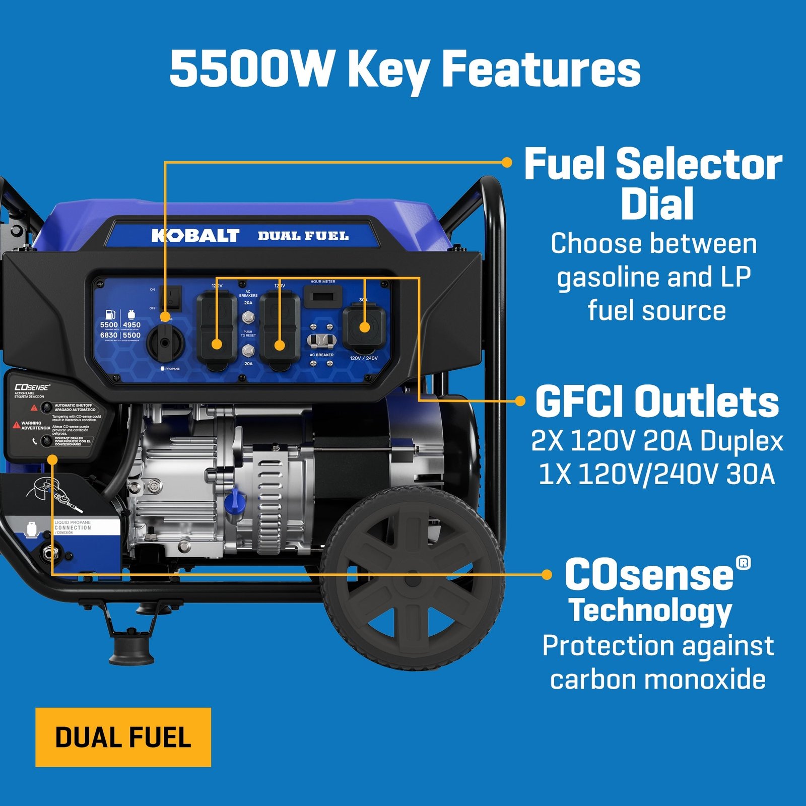 Kobalt KPG0100 5500W/6830W Generator Dual Fuel Gas Propane with CO Sense Manufacturer RFB - Image 5