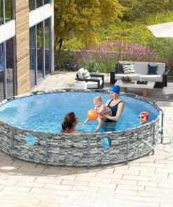 Outsunny 14' x 33" Round Above Ground Swimming Pool, Steel Frame Pool with Cartridge Filter Pump and Repair Patch, Gray Brick