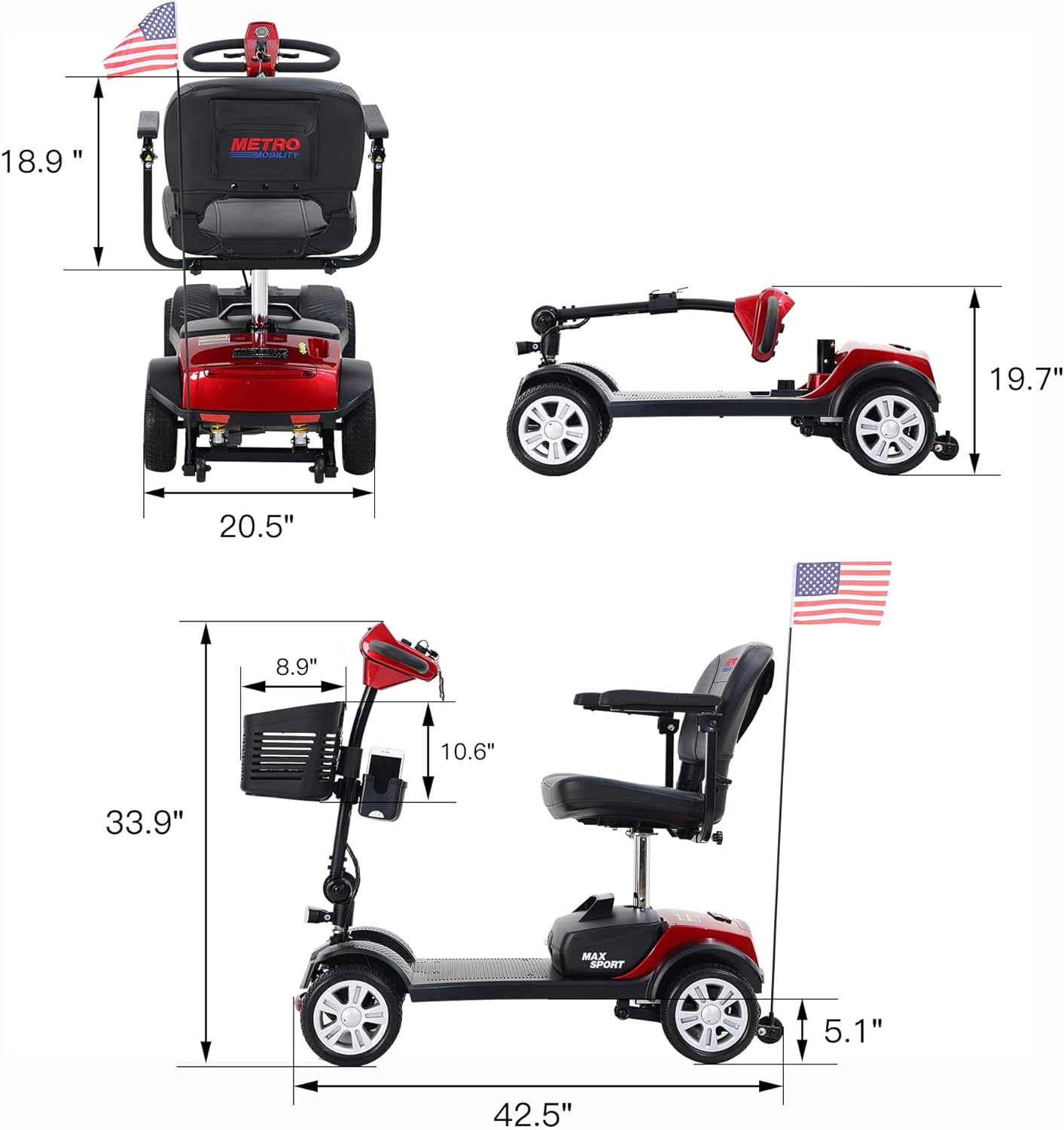 Metro Mobility Max Sport 4 Wheel Mobility Scooter Electric 24V 12Ah 300W 4.97 MPH 10 Mile Range New - Image 9