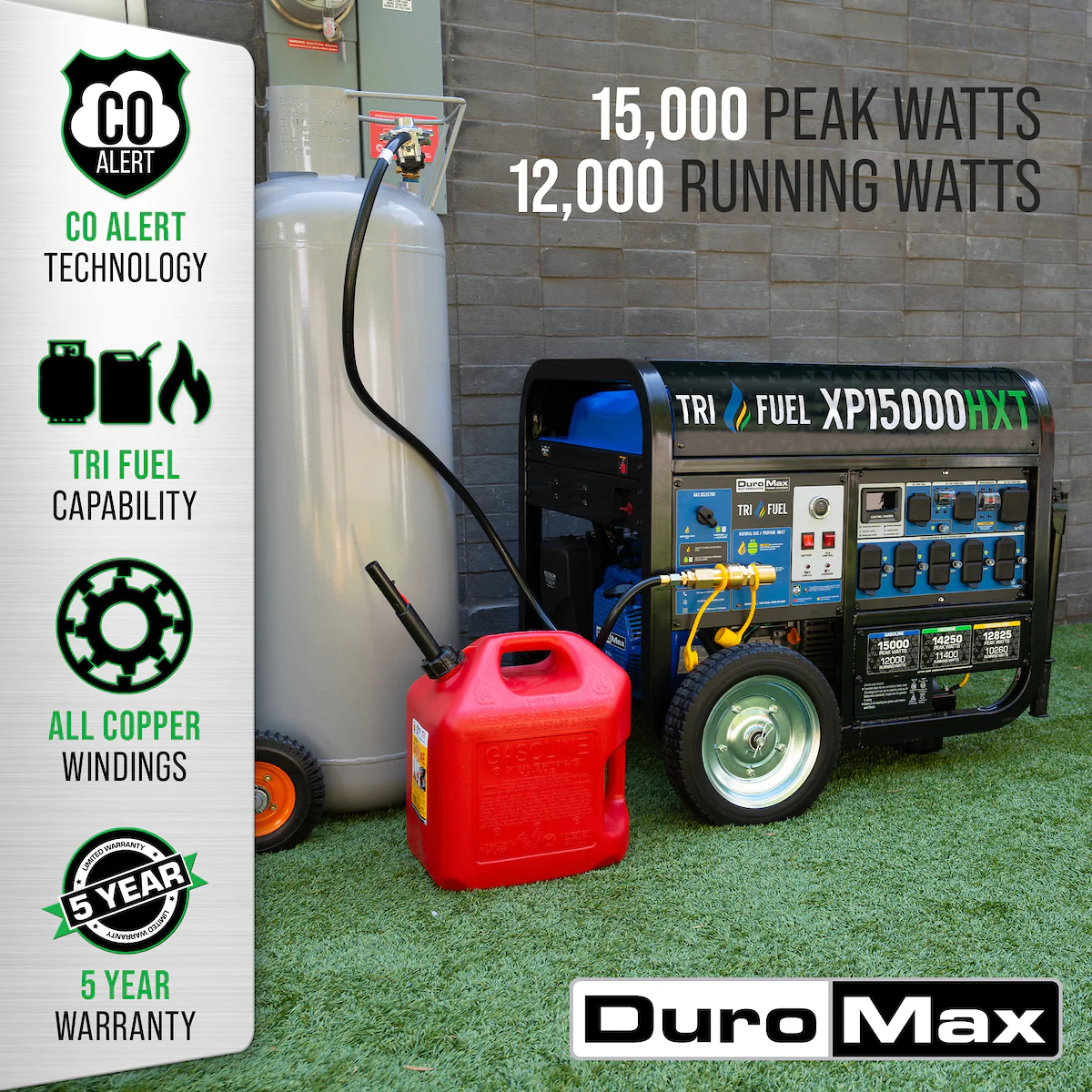 DuroMax XP15000HXT 12000W/15000W Tri-Fuel Gasoline Propane Natural Gas CO Alert Remote Start Generator New - Image 3