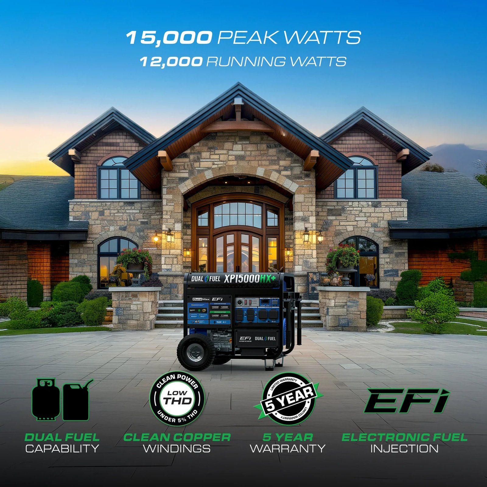 Duromax XP15000HX+ 12,000/15,000W Generator EFI Dual Fuel Gas Propane 50A Remote Start CO Alert New - Image 2
