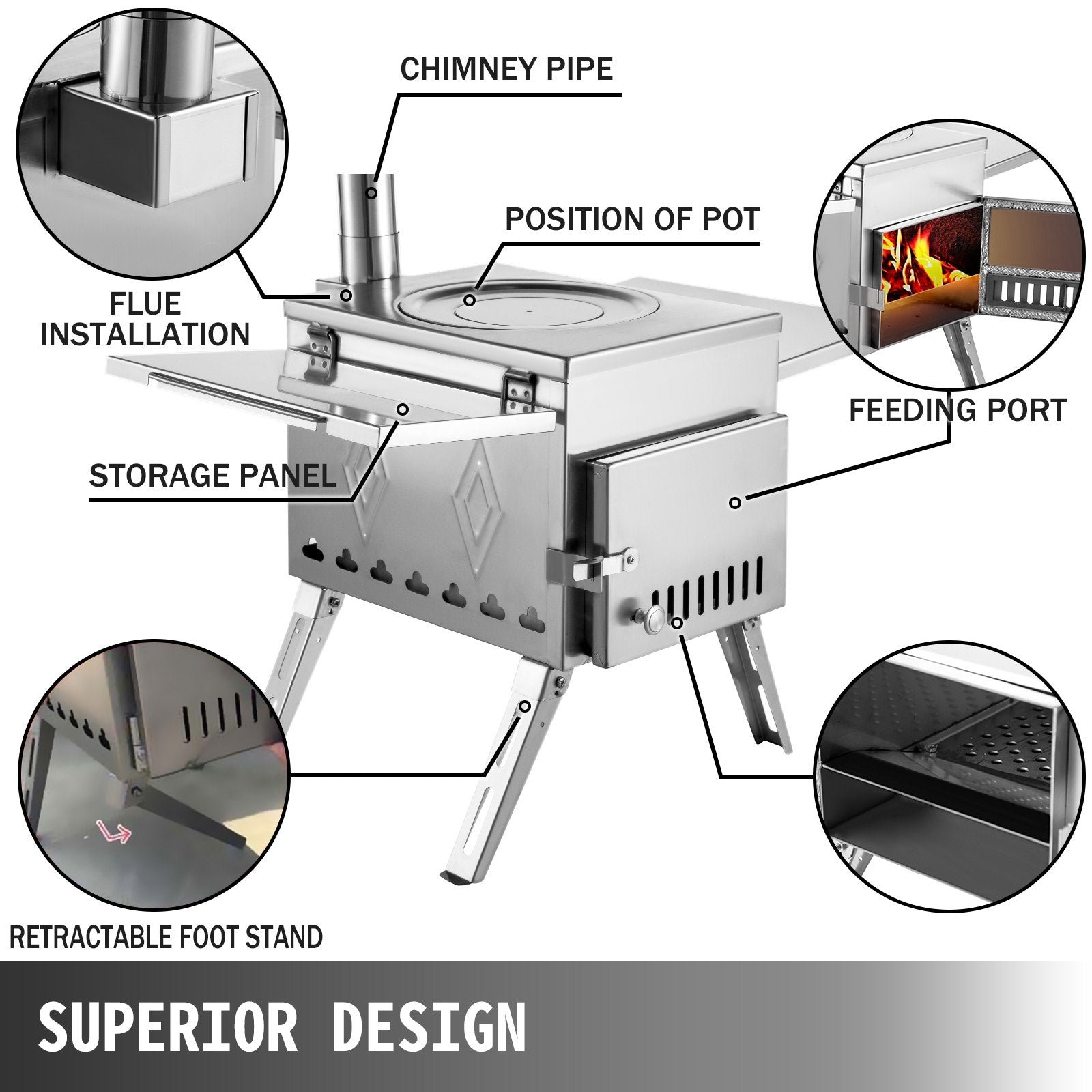 Vevor Tent Wood Stove 113" Stainless Steel Wood-Burning Stove with 1500 Cu. In. Firebox and Folding Pipe New - Image 3