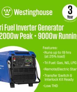 Alternative view of Westinghouse iGen12000TFc Inverter Generator 9000/12000W Tri Fuel Gas Propane Natural Gas 50A Low THD Remote Start CO Sensor New