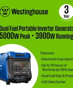 Alternative view of Westinghouse iGen500DFc EFI Inverter Generator 3900/5000W Dual Fuel Gas Propane 30A Low THD Remote Start CO Sensor New