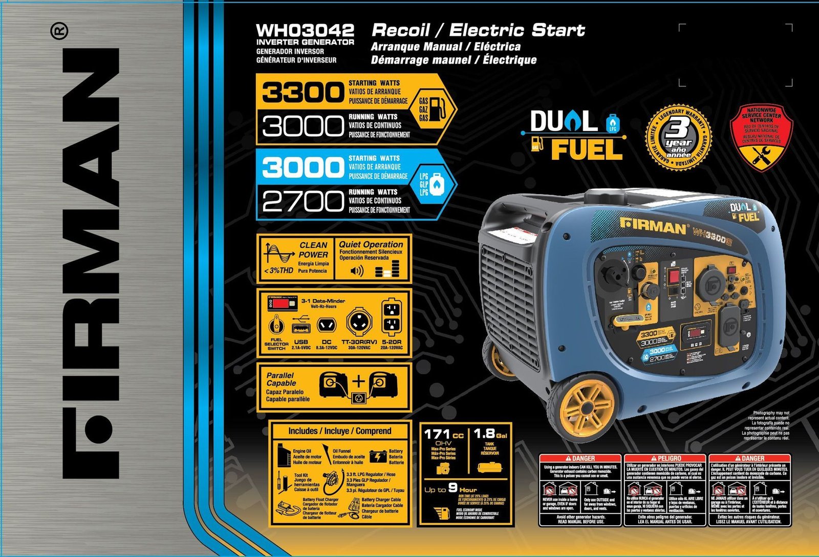 Firman WH03042 3000W/3300W 30 Amp Electric Start Parallel Ready Dual Fuel Inverter Generator New - Image 4