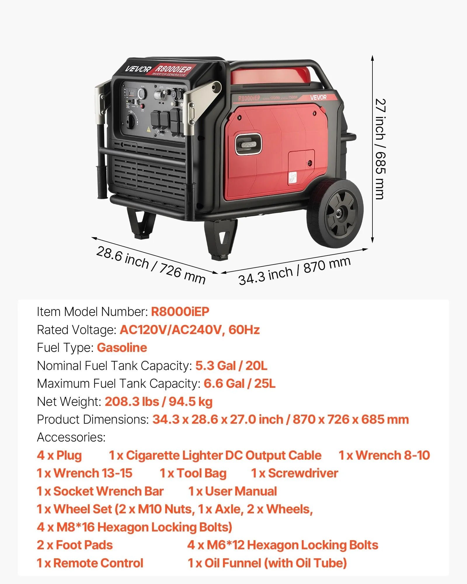 Vevor Inverter Generator 6800W/10000W Gas Remote Start CO Sensor 120/240V New - Image 7