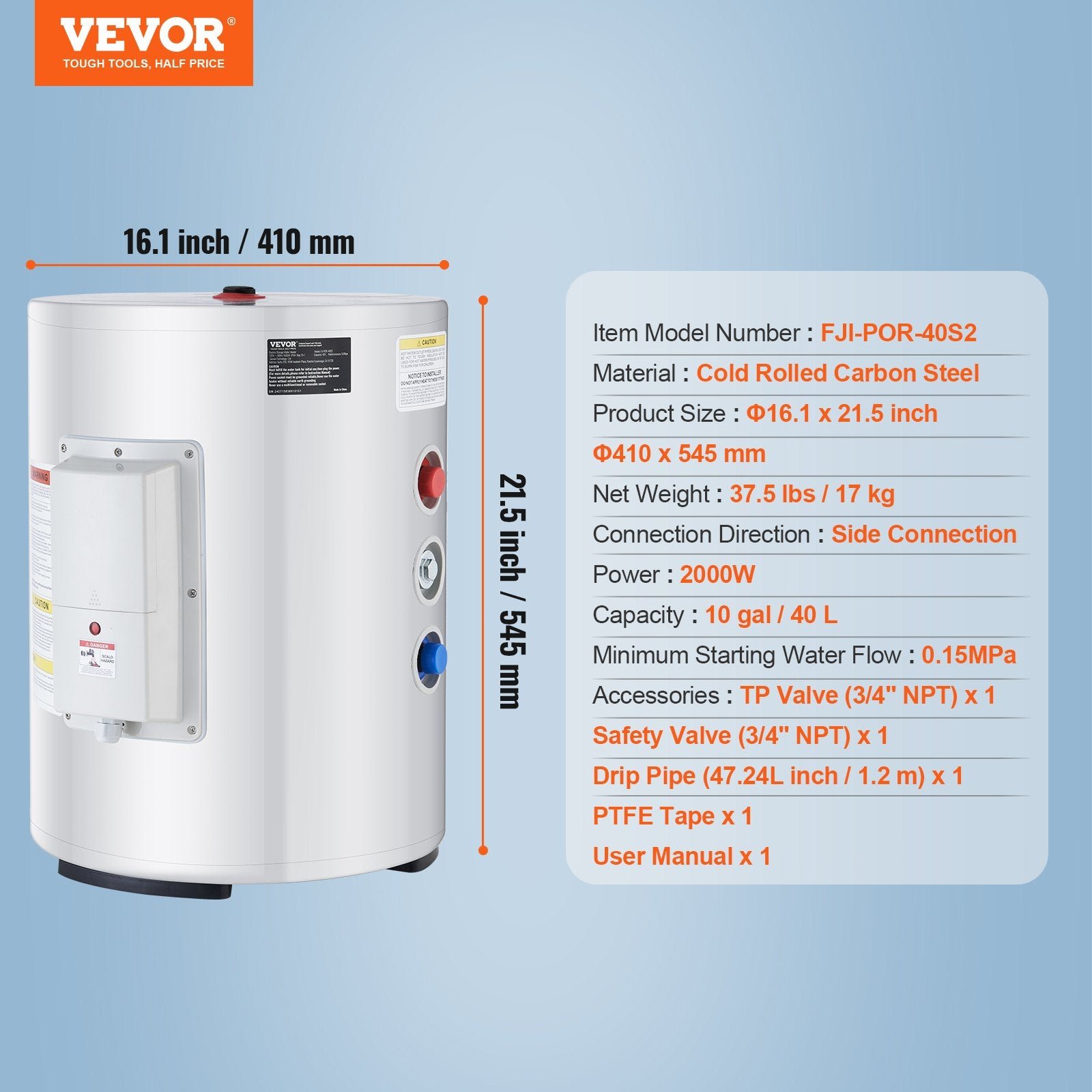 Vevor Electric Water Heater 10 Gallon Instant Hot 1600W New - Image 7