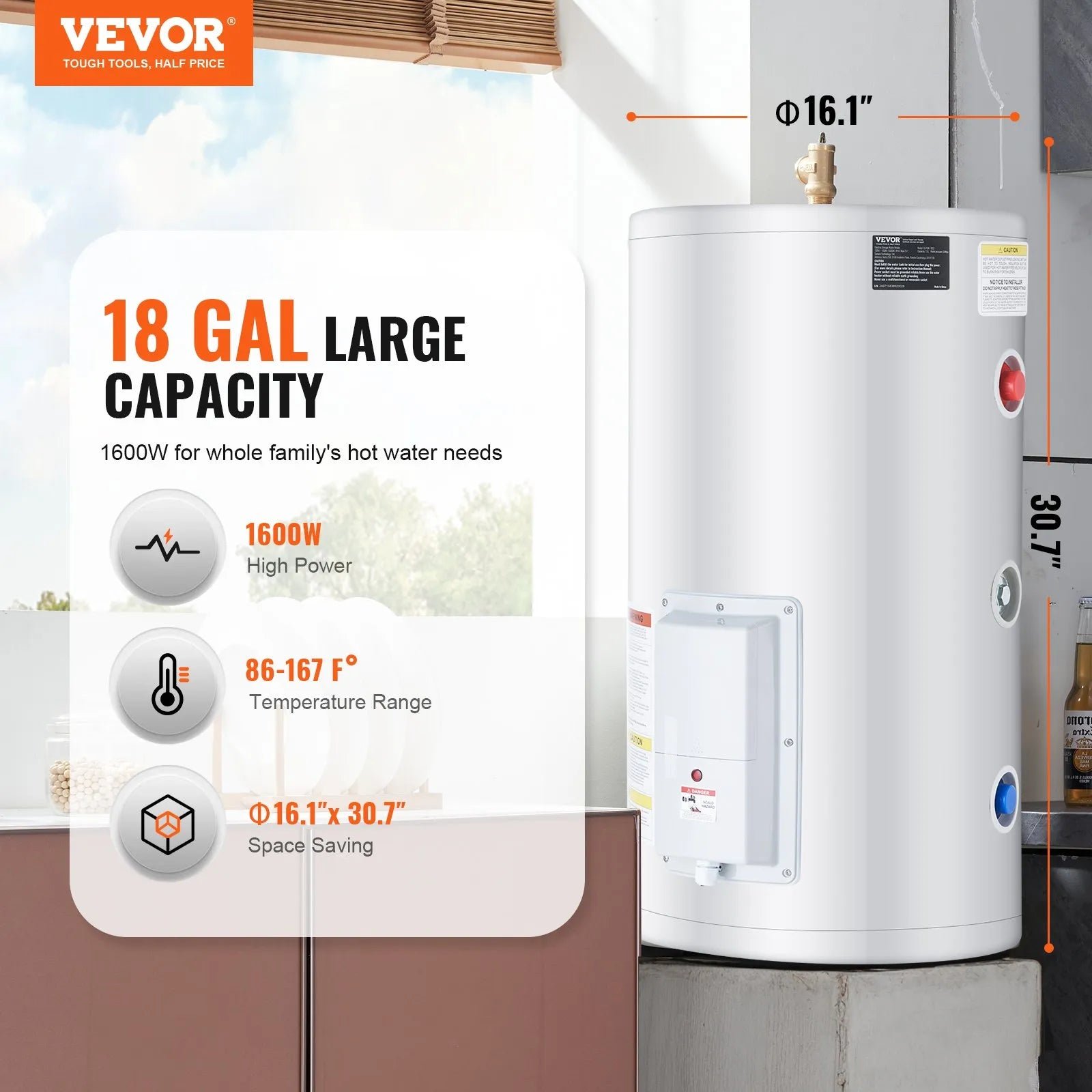 Vevor Electric Water Heater 18 Gallon Instant Hot 1.6kW LED Display New - Image 2