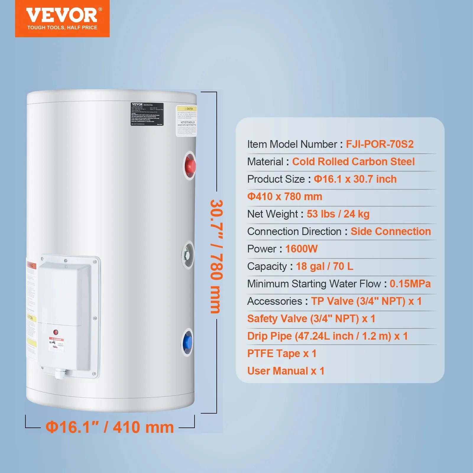 Vevor Electric Water Heater 18 Gallon Instant Hot 1.6kW LED Display New - Image 7