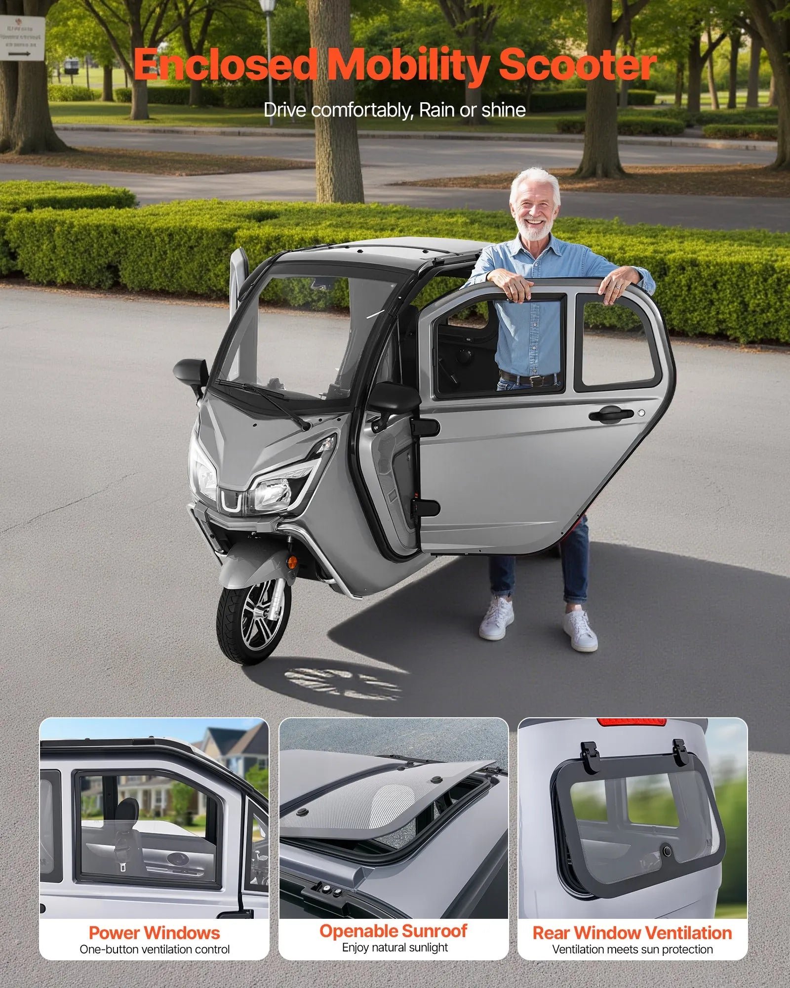 Vevor Enclosed Mobility Scooter 3-Wheel 15 MPH 37 Mile Range 1500W New - Image 2