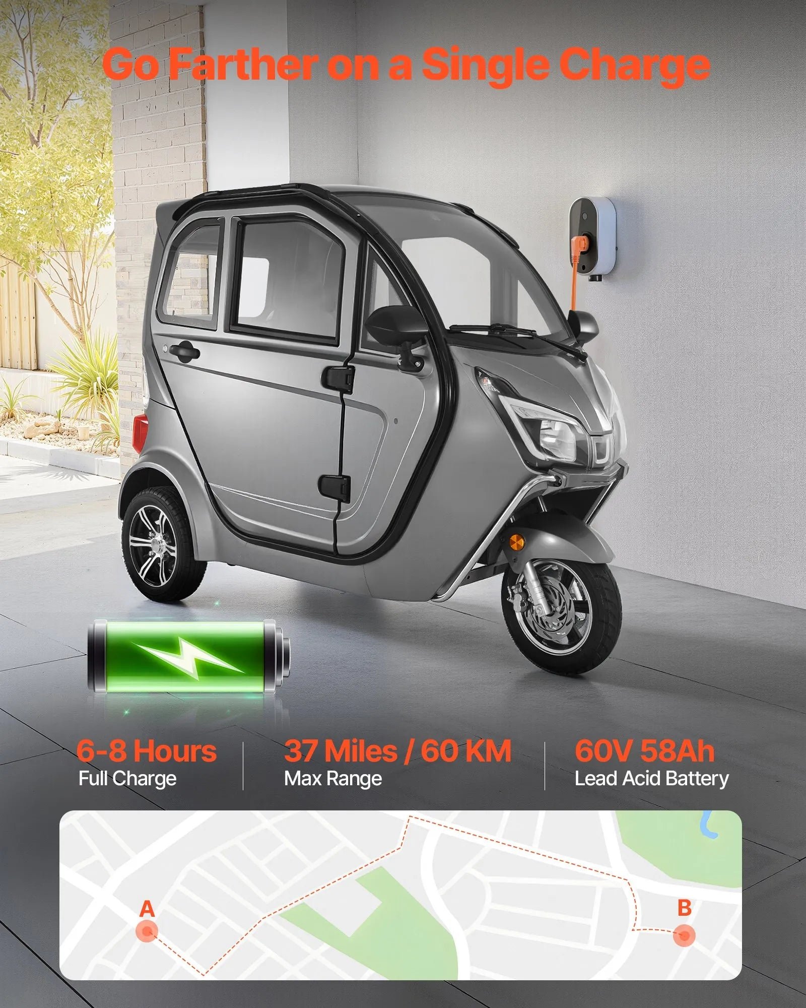 Vevor Enclosed Mobility Scooter 3-Wheel 15 MPH 37 Mile Range 1500W New - Image 4