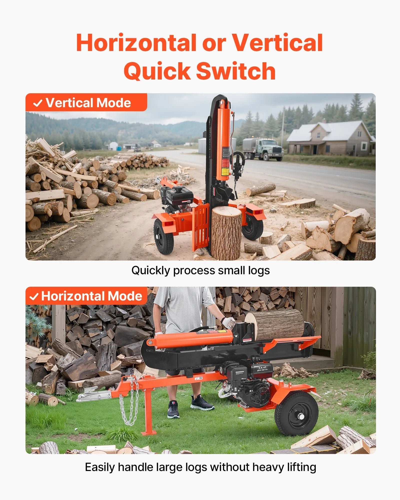 Vevor Log Splitter 30 Ton Horizontal Vertical with Auto Return 306CC Gas Engine 2" Ball Coupler New - Image 3