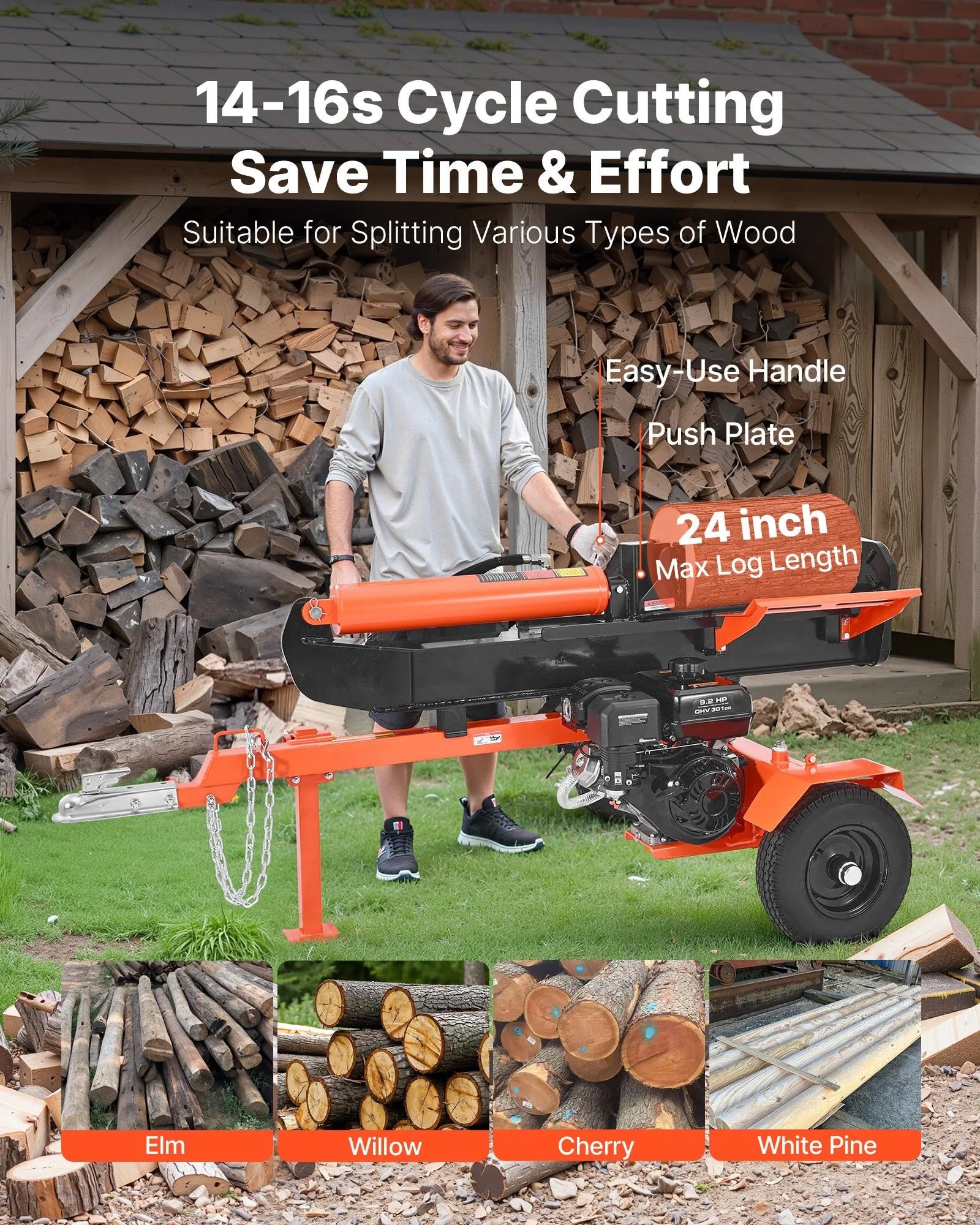 Vevor Log Splitter 30 Ton Horizontal Vertical with Auto Return 306CC Gas Engine 2" Ball Coupler New - Image 4