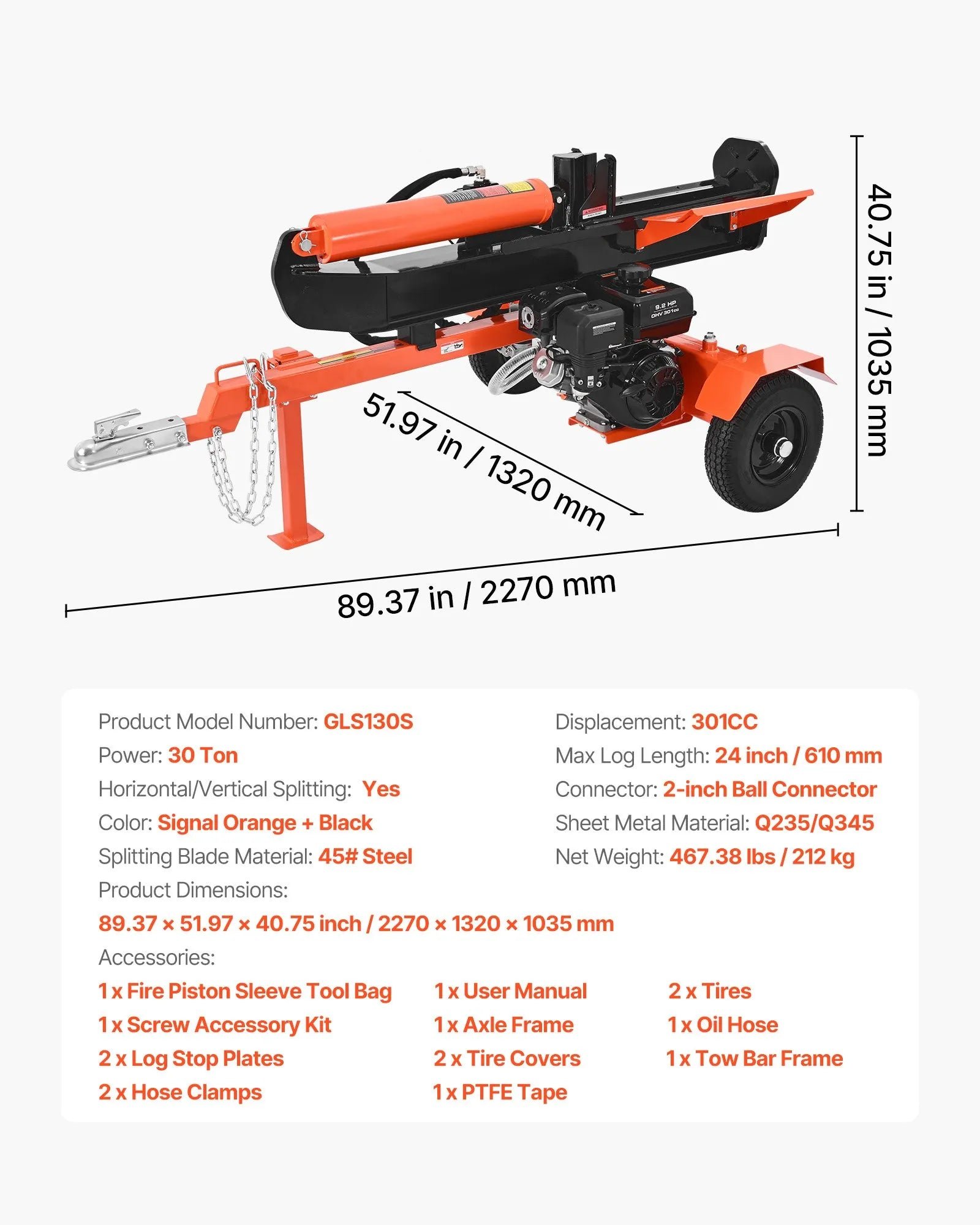 Vevor Log Splitter 30 Ton Horizontal Vertical with Auto Return 306CC Gas Engine 2" Ball Coupler New - Image 7