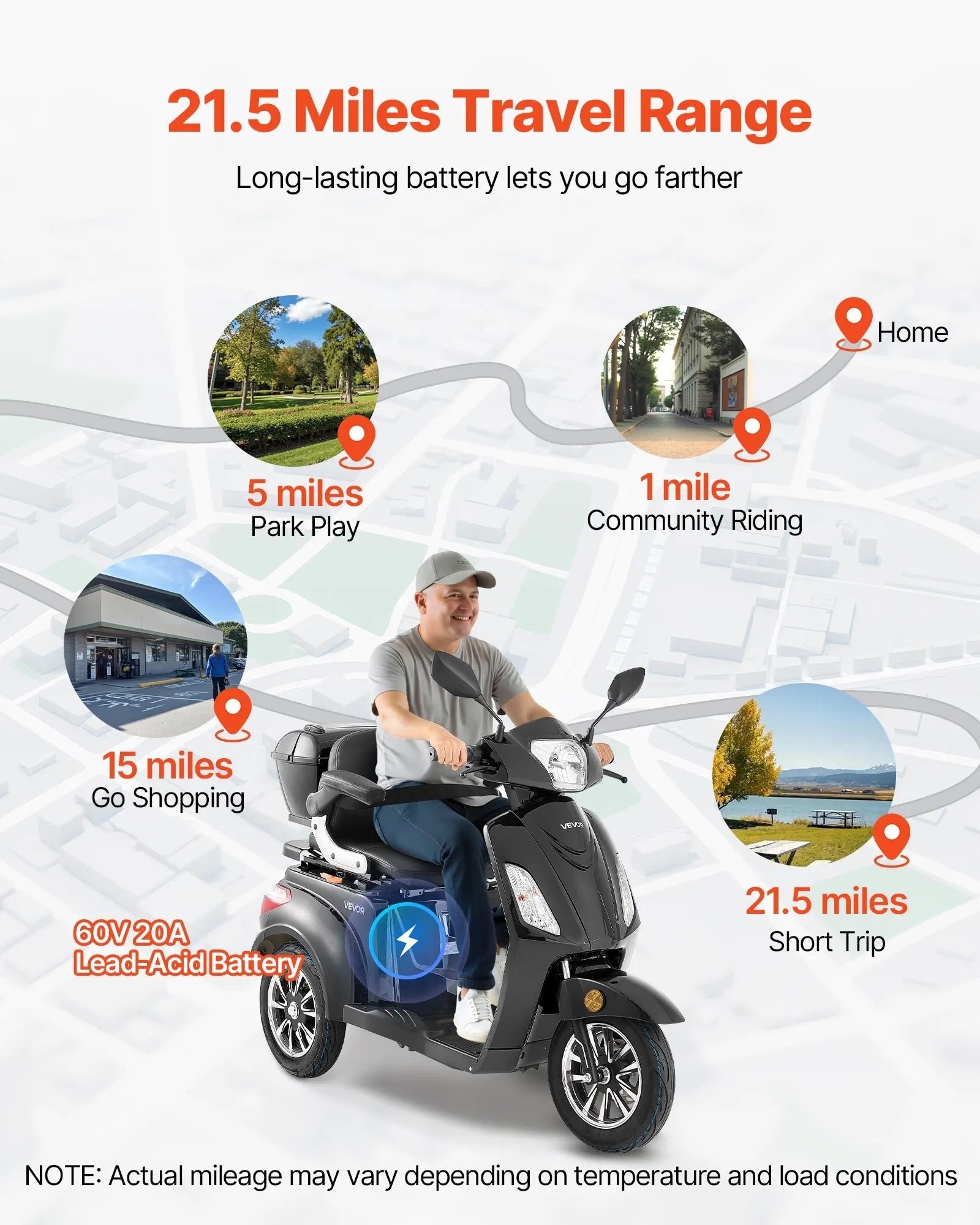 Vevor Mobility Scooter 3-Wheel 15 MPH 21.5 Mile Range 60V 1000W New - Image 3