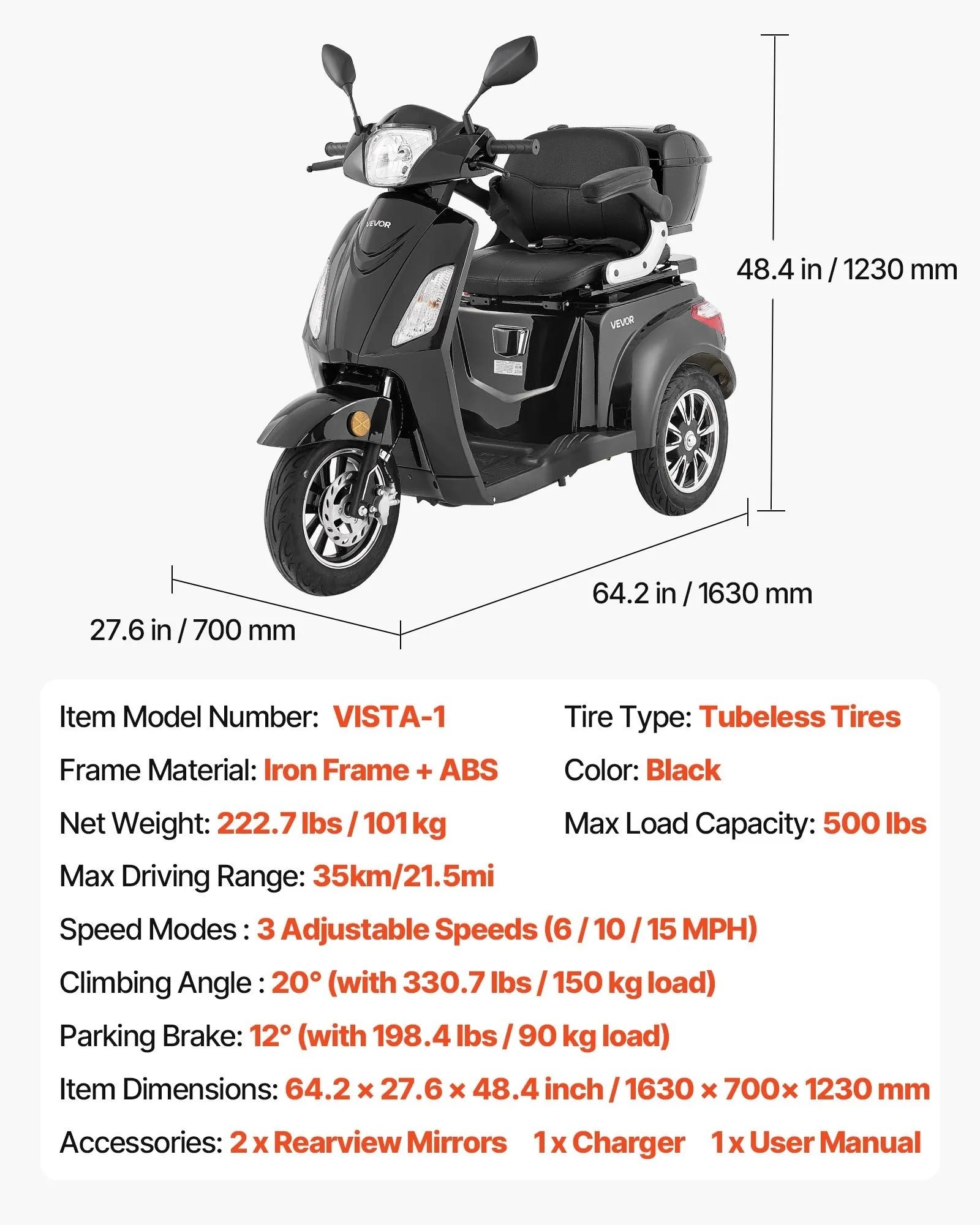 Vevor Mobility Scooter 3-Wheel 15 MPH 21.5 Mile Range 60V 1000W New - Image 7