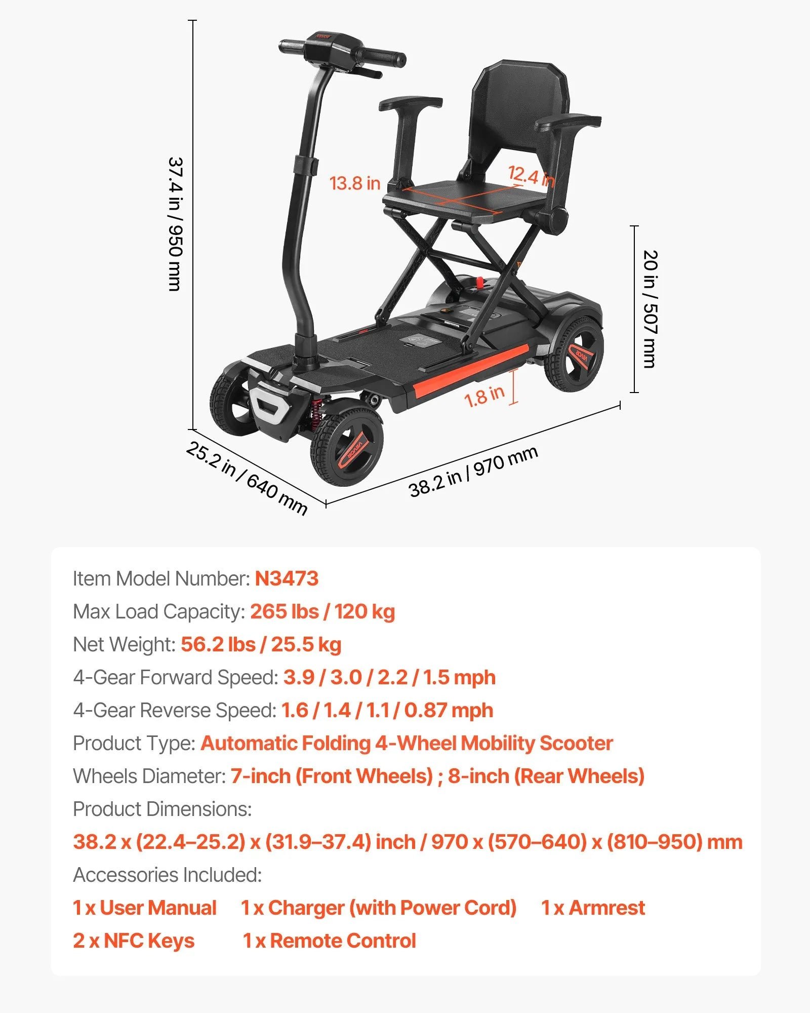 Vevor Mobility Scooter 4 Wheel Automatic Folding Remote Control 24V 4 MPH 9.3 Mile Range New - Image 7